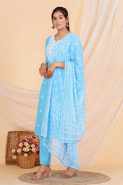 Sky Blue Chikankari Cotton Suit Set with Embroidered Kurta, Pant & Dupatta