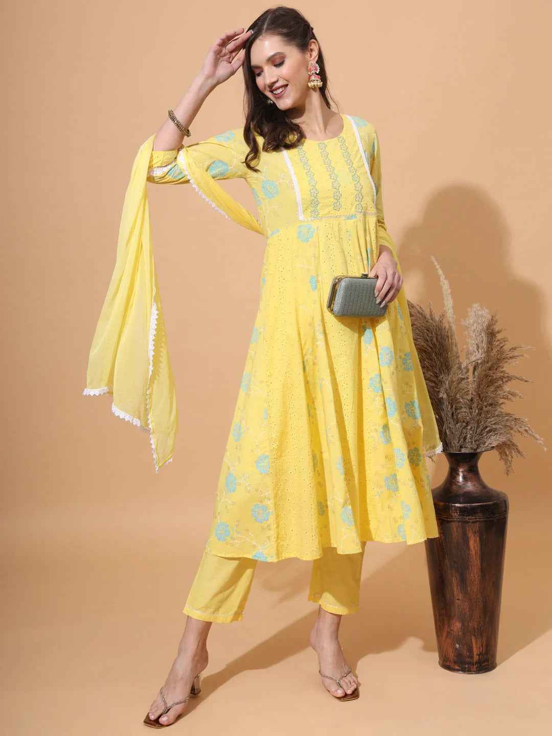 Pure Cotton Schiffli Kurta,Pant & Dupatta Set