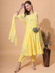 Pure Cotton Schiffli Kurta,Pant & Dupatta Set