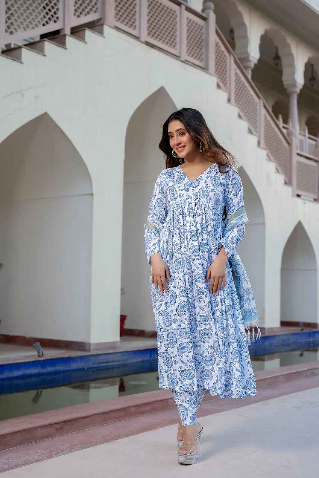 White &amp; Blue Delight Pure Viscose Suit