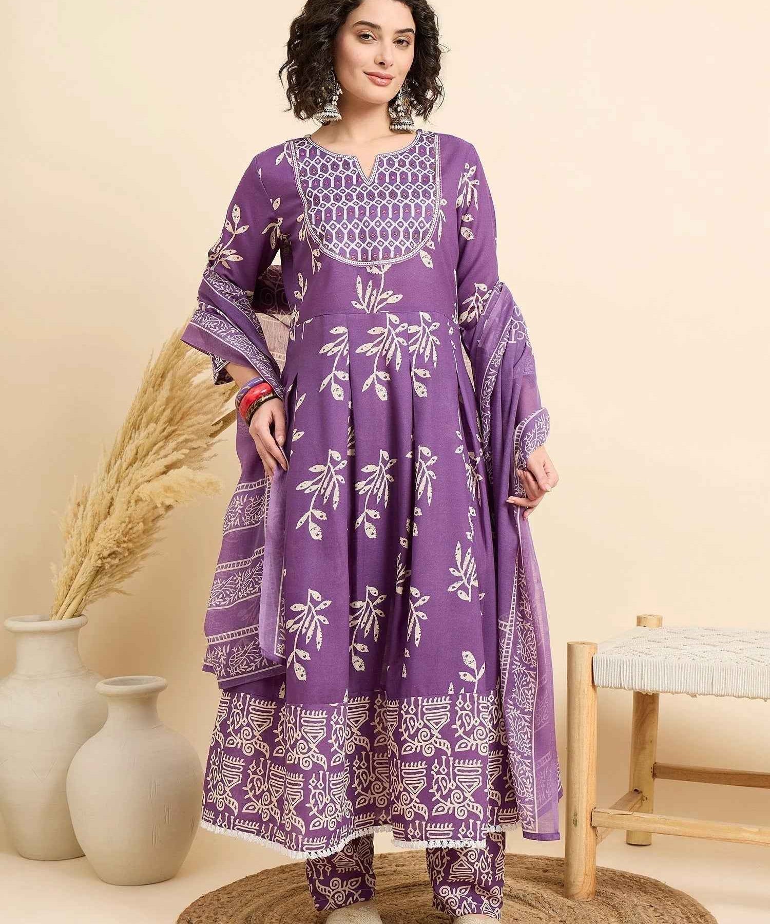 Women€™s Viscose Purple Anarkali Kurta and Pant Set with Dupatta
