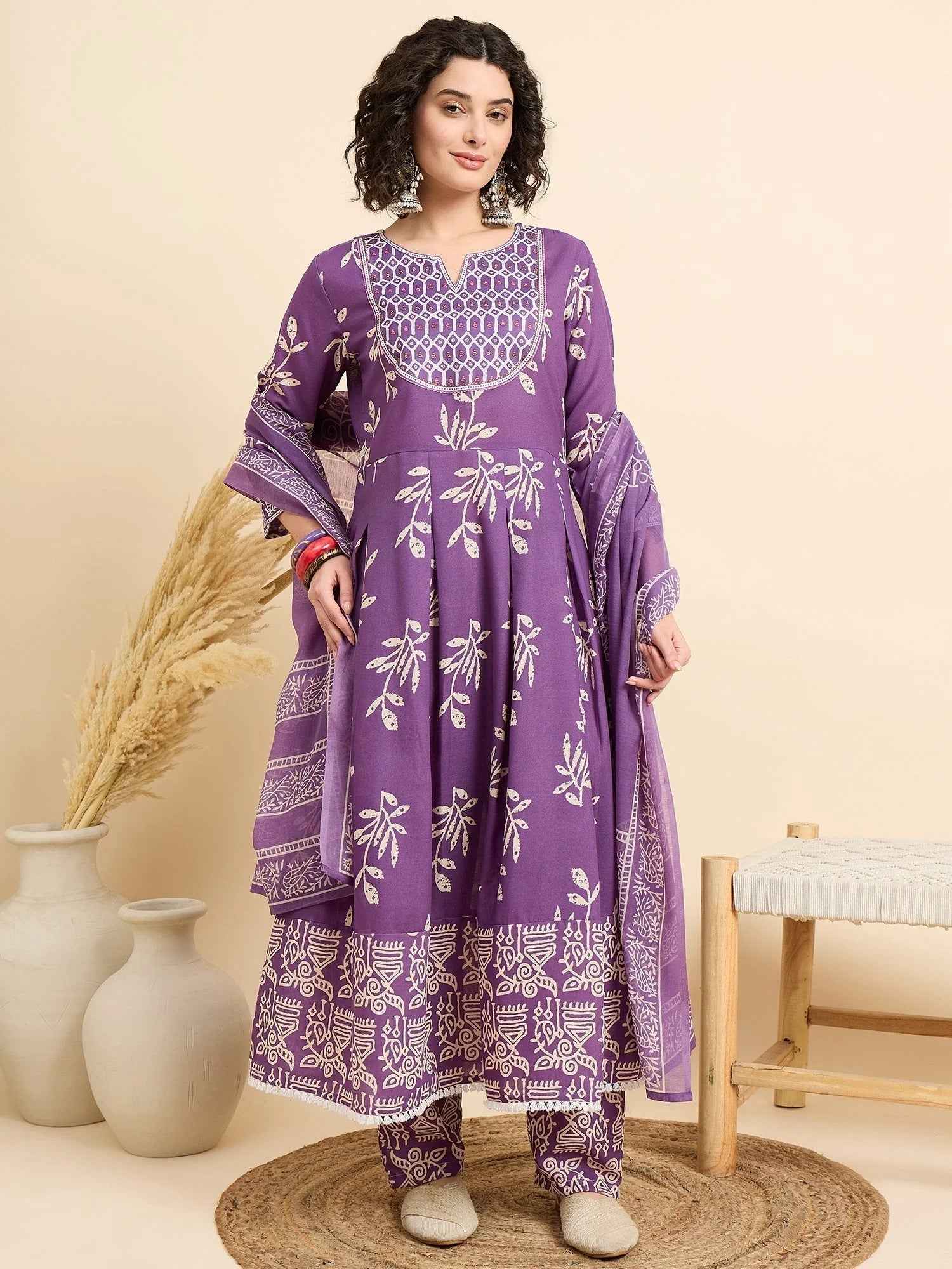 Women€™s Viscose Purple Anarkali Kurta and Pant Set with Dupatta
