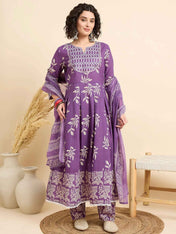 Women€™s Viscose Purple Anarkali Kurta and Pant Set with Dupatta