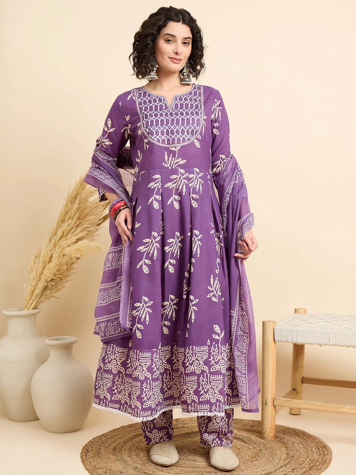 Purple Printed Cotton Anarkali Kurta Set with Pant & Dupatta