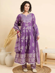 Purple Printed Cotton Anarkali Kurta Set with Pant & Dupatta