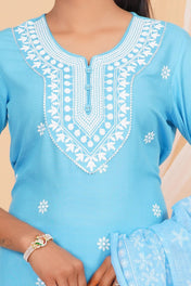 Sky Blue Chikankari Cotton Suit Set with Embroidered Kurta, Pant & Dupatta