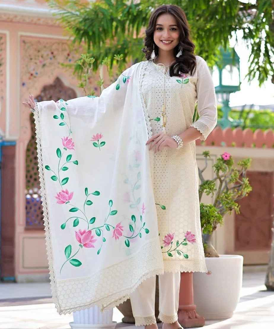 Ira Ivory Garden Hand-Painted Chikankari Cotton Suit Set