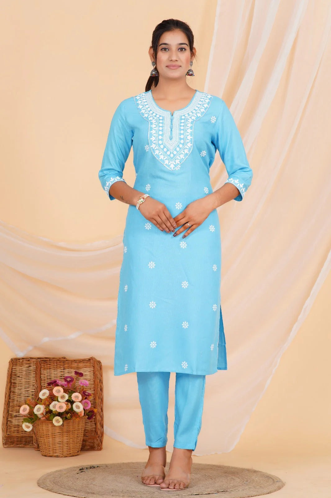 Sky Blue Chikankari Cotton Suit Set with Embroidered Kurta, Pant & Dupatta