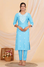Sky Blue Chikankari Cotton Suit Set with Embroidered Kurta, Pant & Dupatta