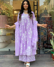 White Floral Lilac Pure Viscose Kurta Set
