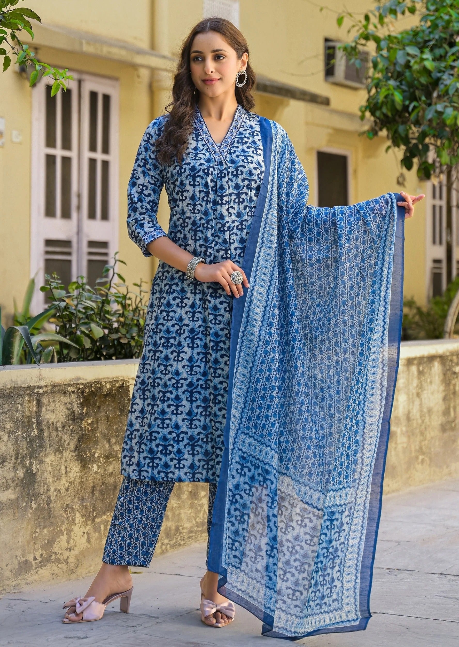 Blue Cotton Printed Straight Kurta Set with Pant & Dupatta