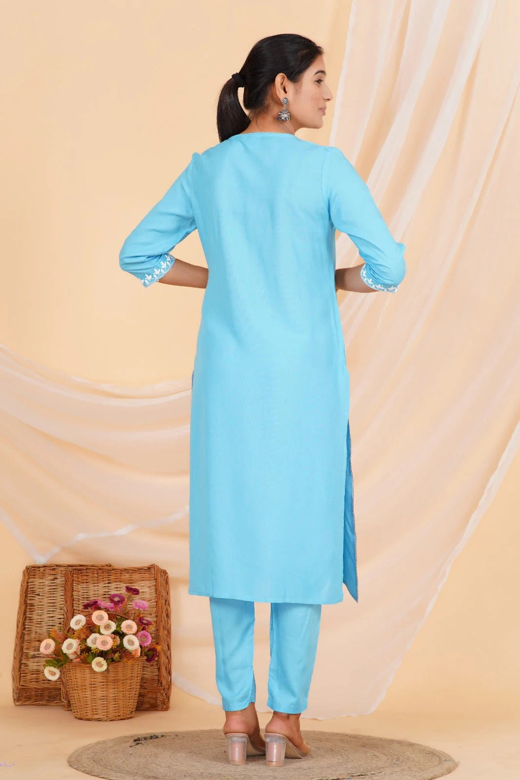 Sky Blue Chikankari Cotton Suit Set with Embroidered Kurta, Pant & Dupatta