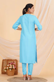 Sky Blue Chikankari Cotton Suit Set with Embroidered Kurta, Pant & Dupatta