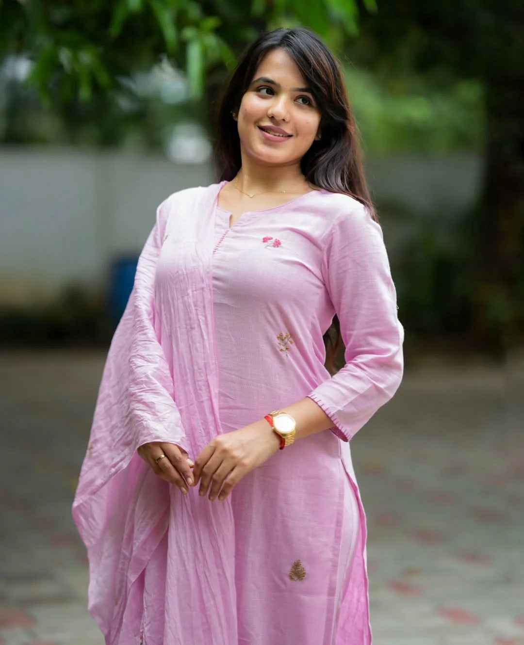 Pink Cotton Embroidery Full Kurta Set
