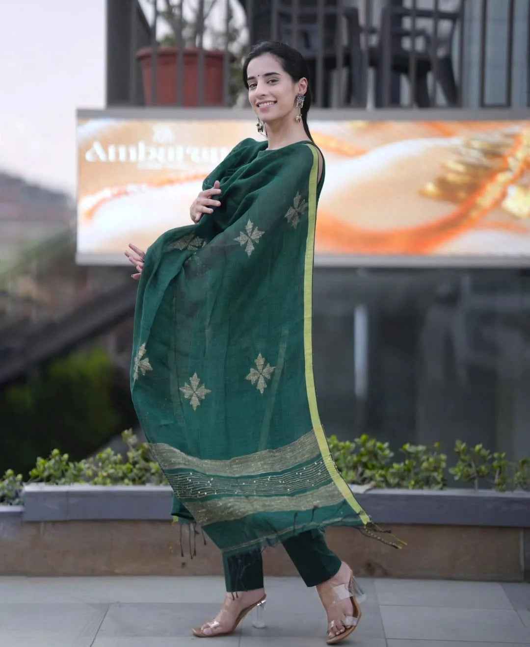 Green Linen Full Kurta Set
