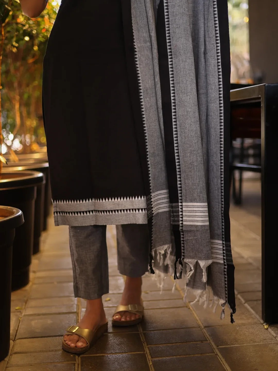 Black Cotton Kurta Set with Grey Dupatta