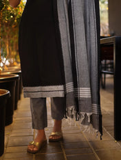 Black Cotton Kurta Set with Grey Dupatta