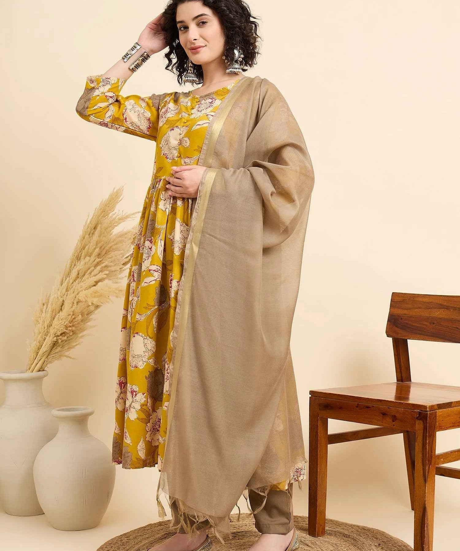 Women€™s Viscose Yellow Anarkali Kurta and Pant Set with Dupatta