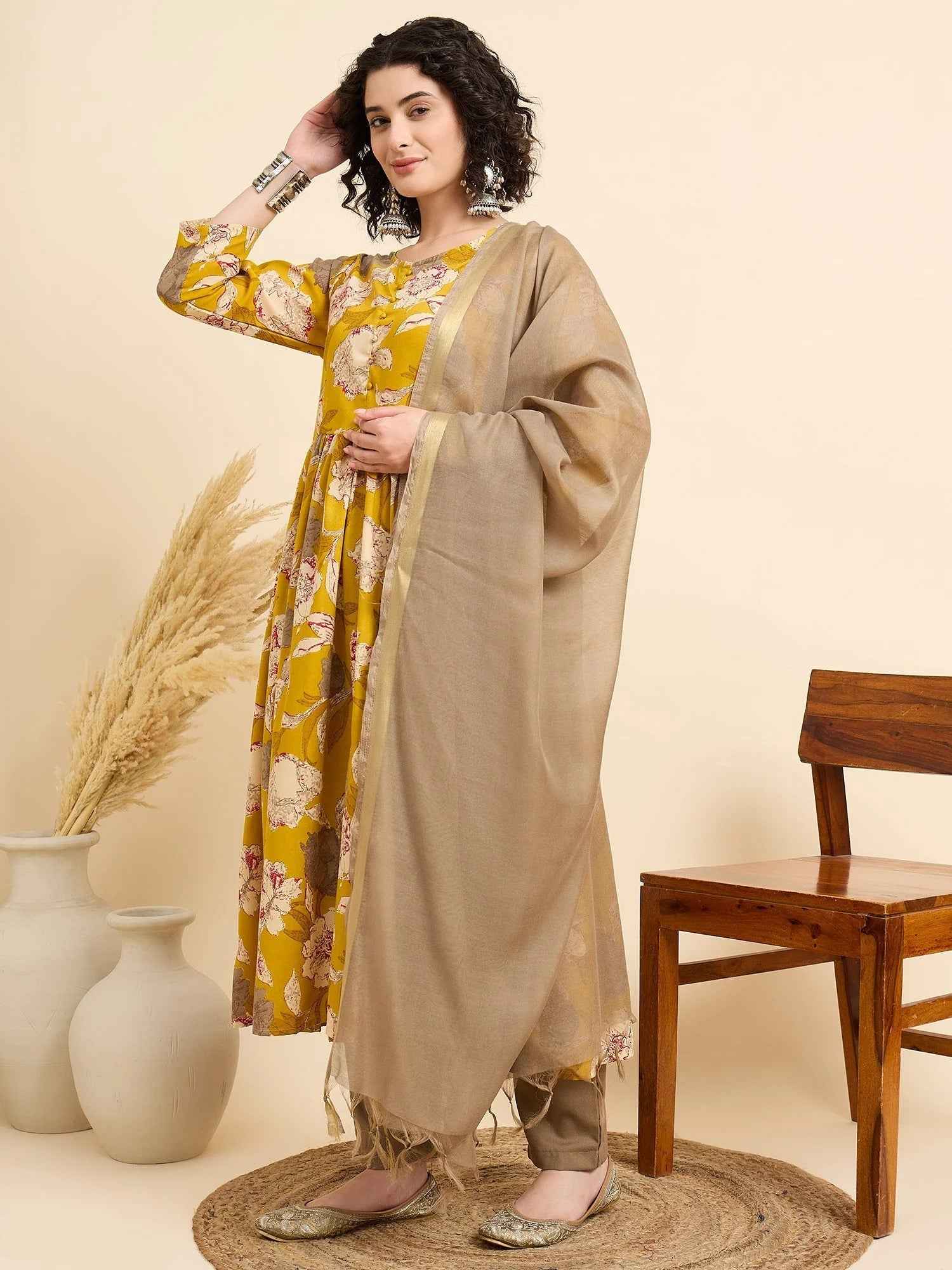 Women€™s Viscose Yellow Anarkali Kurta and Pant Set with Dupatta