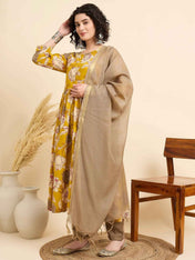 Women€™s Viscose Yellow Anarkali Kurta and Pant Set with Dupatta