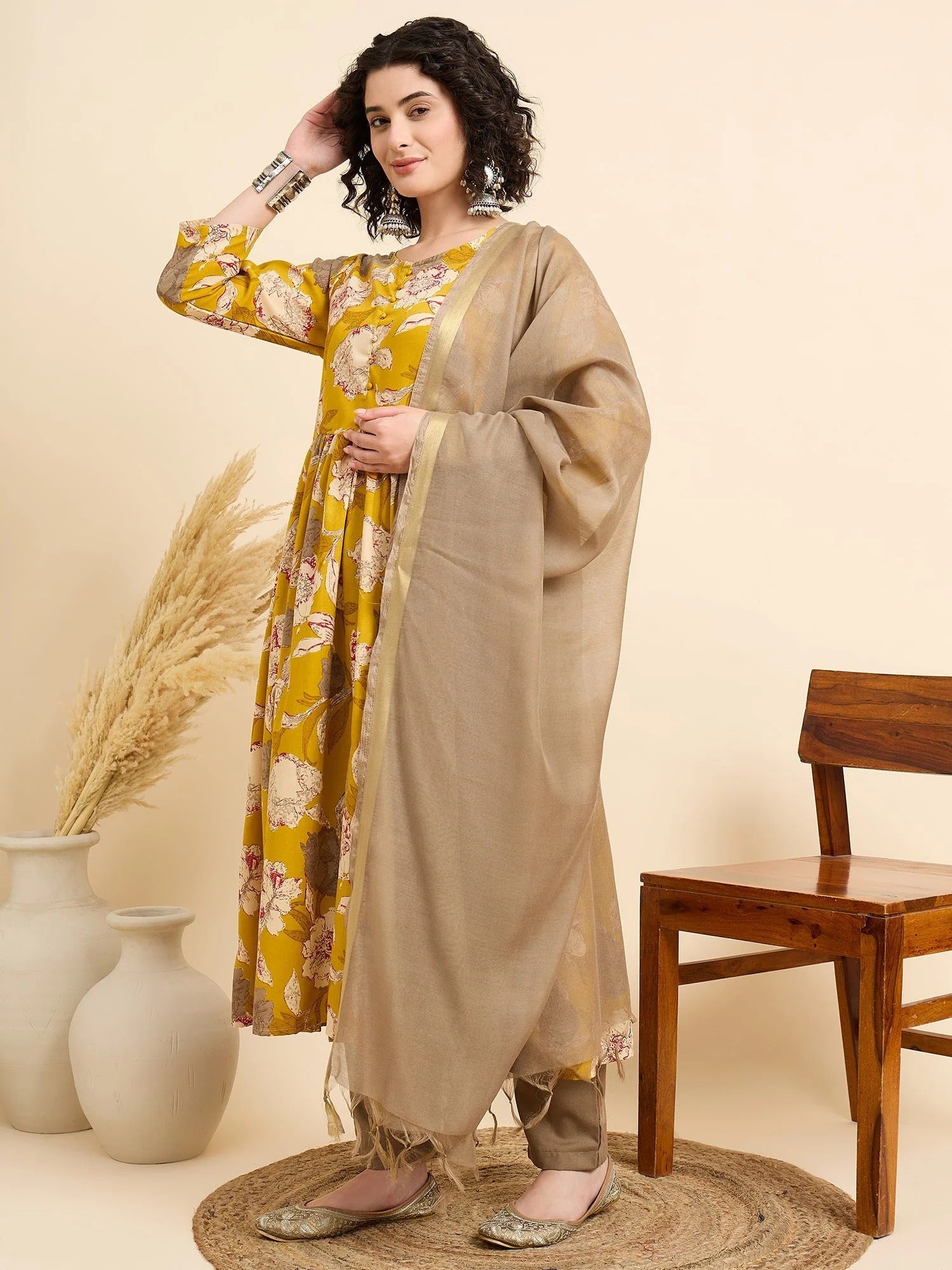 Mustard Floral Printed Anarkali Kurta Set with Silk Dupatta