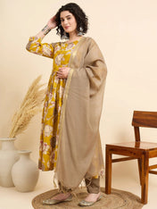 Mustard Floral Printed Anarkali Kurta Set with Silk Dupatta