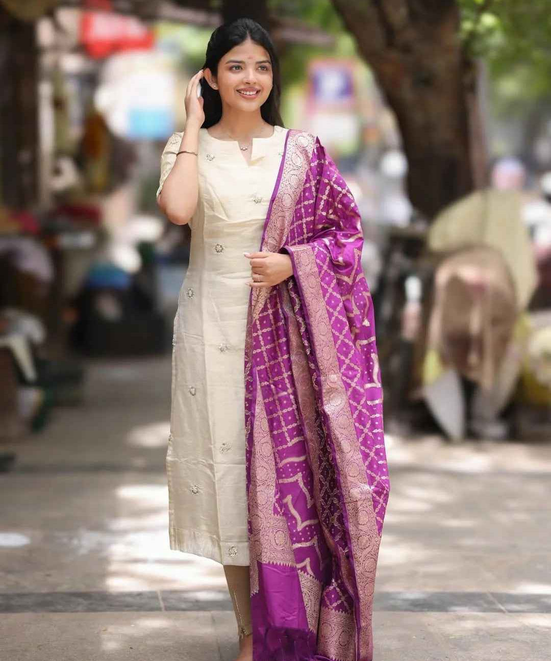 Shrungar Our Tissue Handwork Kurti And Banaras Silk Shawl Set