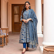 Blue Floral Cotton Anarkali Kurta Set with Pant & Dupatta