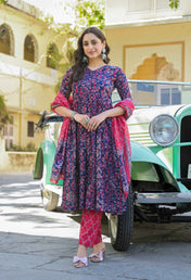 Women€™s Viscose Navy Blue Anarkali Kurta and Pant Set with Dupatta