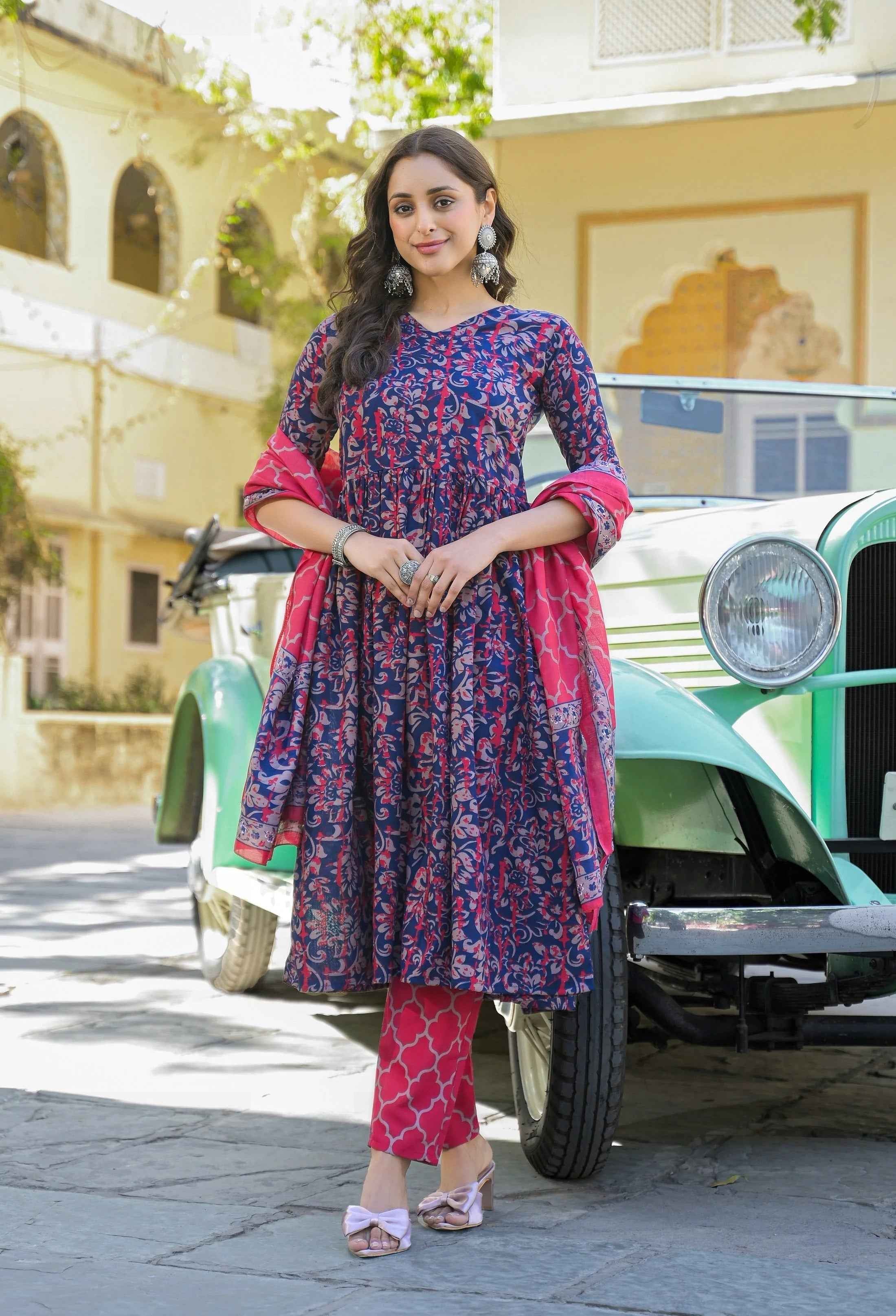Women€™s Viscose Navy Blue Anarkali Kurta and Pant Set with Dupatta