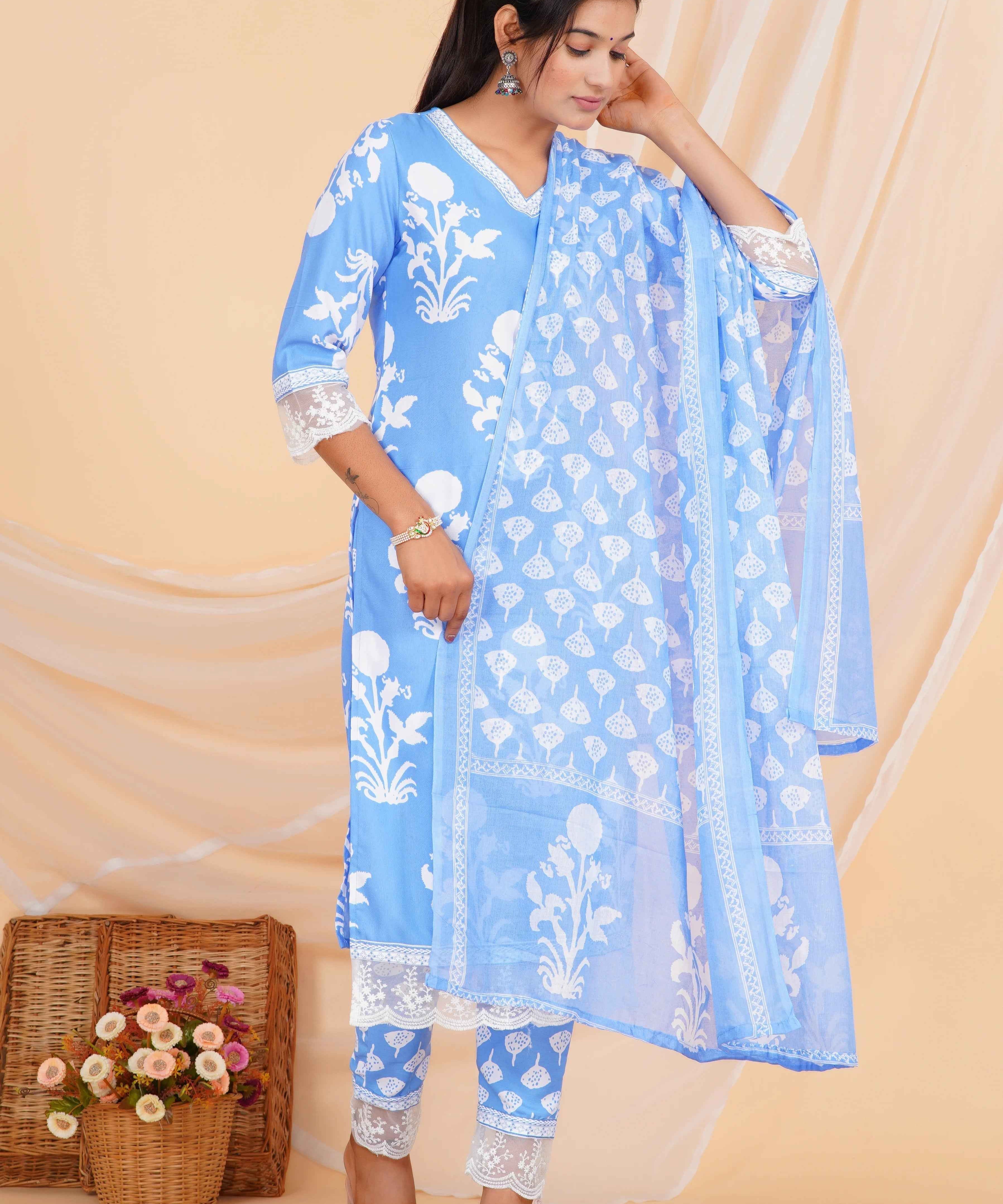 Sky Bloom Viscose Rayon Suit Set