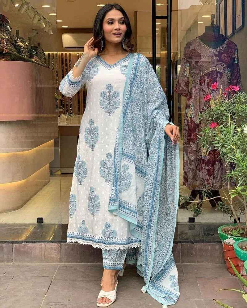 Icy Blue Bloom Viscose Rayon Suit Set