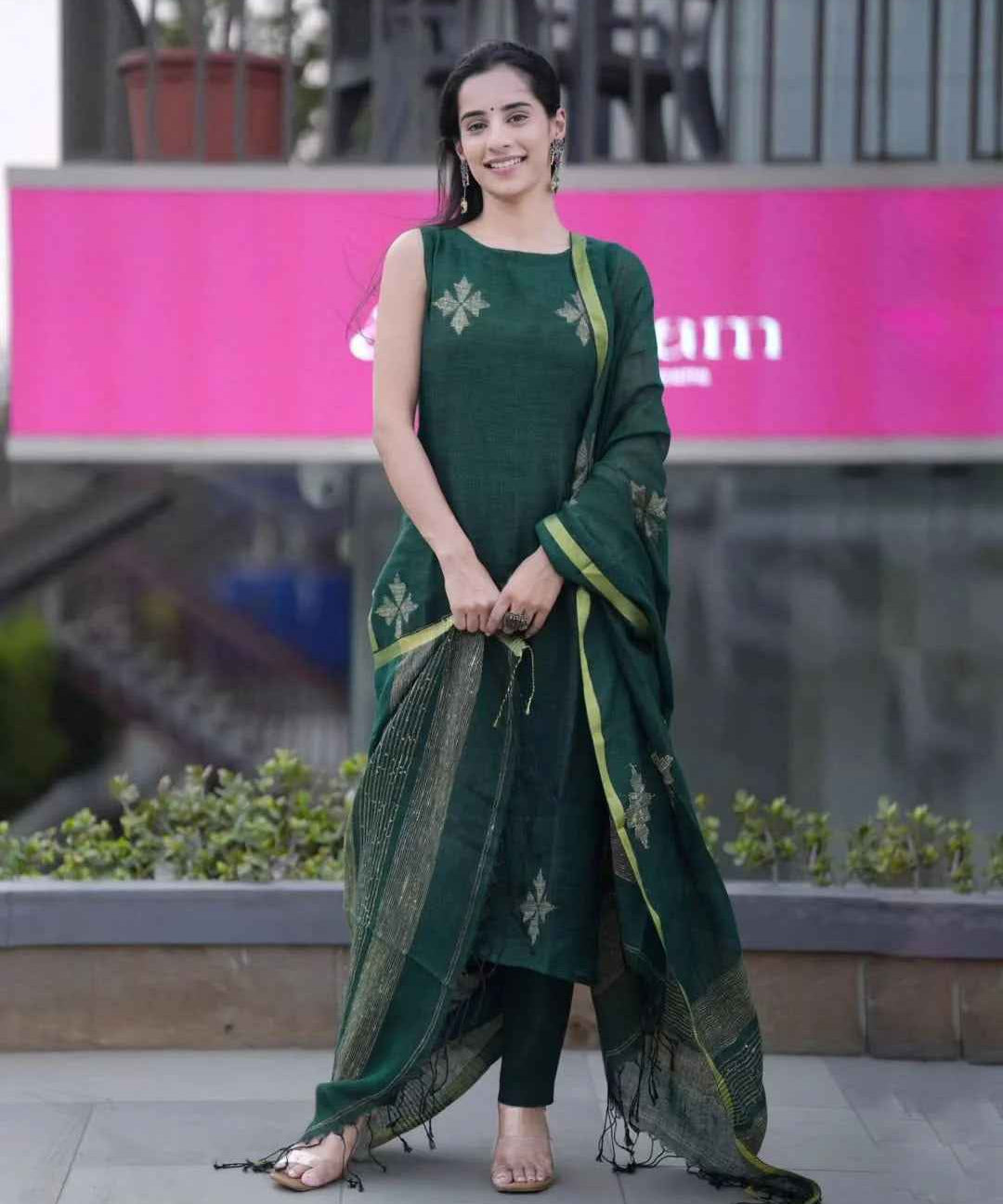 Green Linen Full Kurta Set