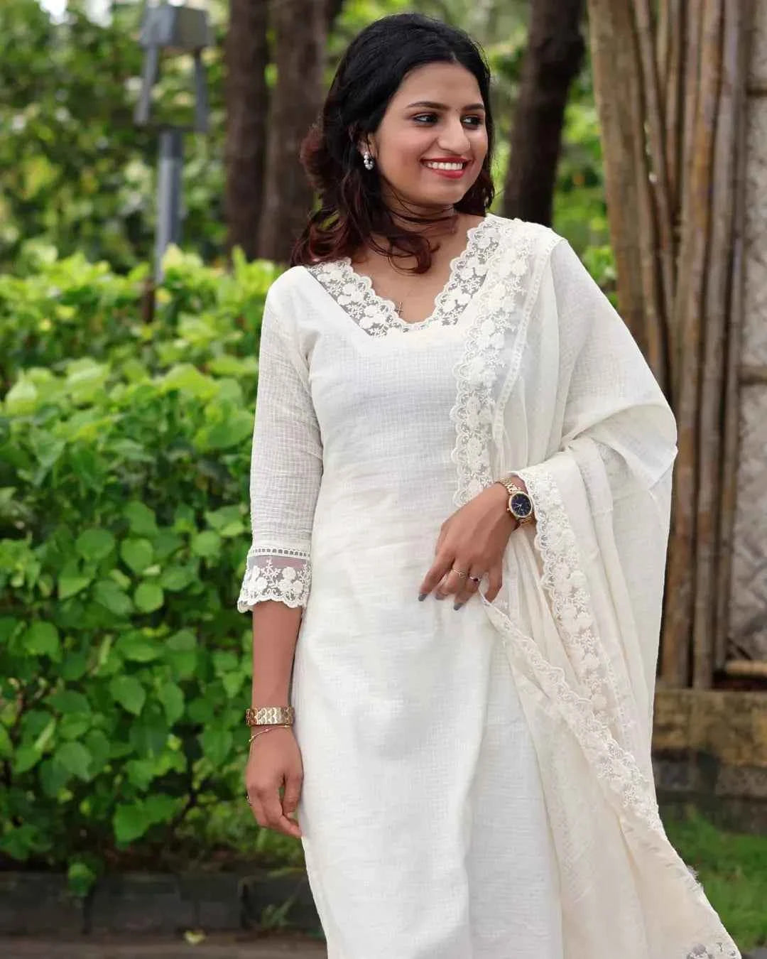 White Soft Cotton Kota Doria Suit With Lining.