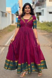 Magenta Silk Anarkali Dress with Green Zari Border & Elbow Sleeve Detailing