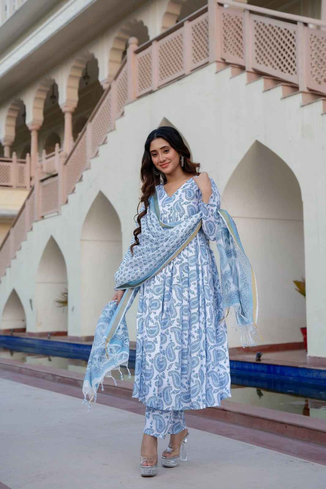 White &amp; Blue Delight Pure Viscose Suit