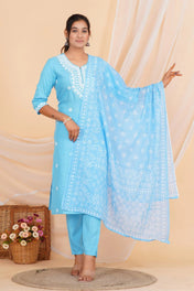 Sky Blue Chikankari Cotton Suit Set with Embroidered Kurta, Pant & Dupatta