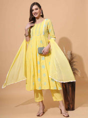 Pure Cotton Schiffli Kurta,Pant & Dupatta Set
