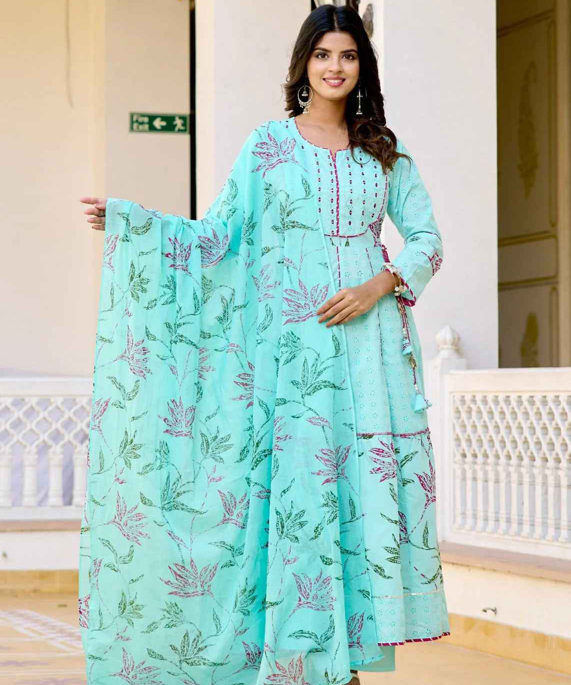 Aqua Bloom Anarkali Cotton Suit Set