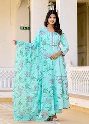 Aqua Bloom Anarkali Cotton Suit Set