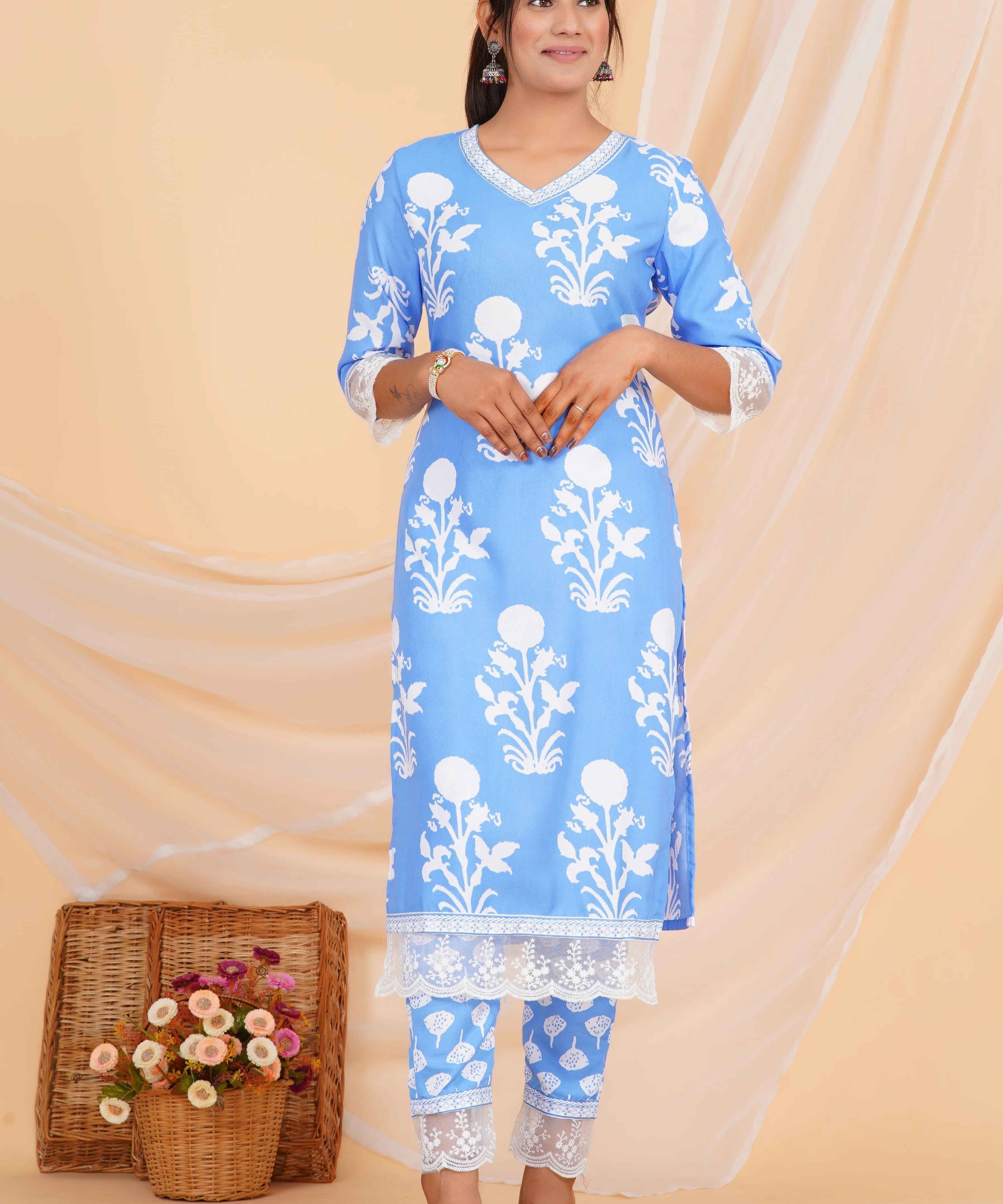 Sky Bloom Viscose Rayon Suit Set