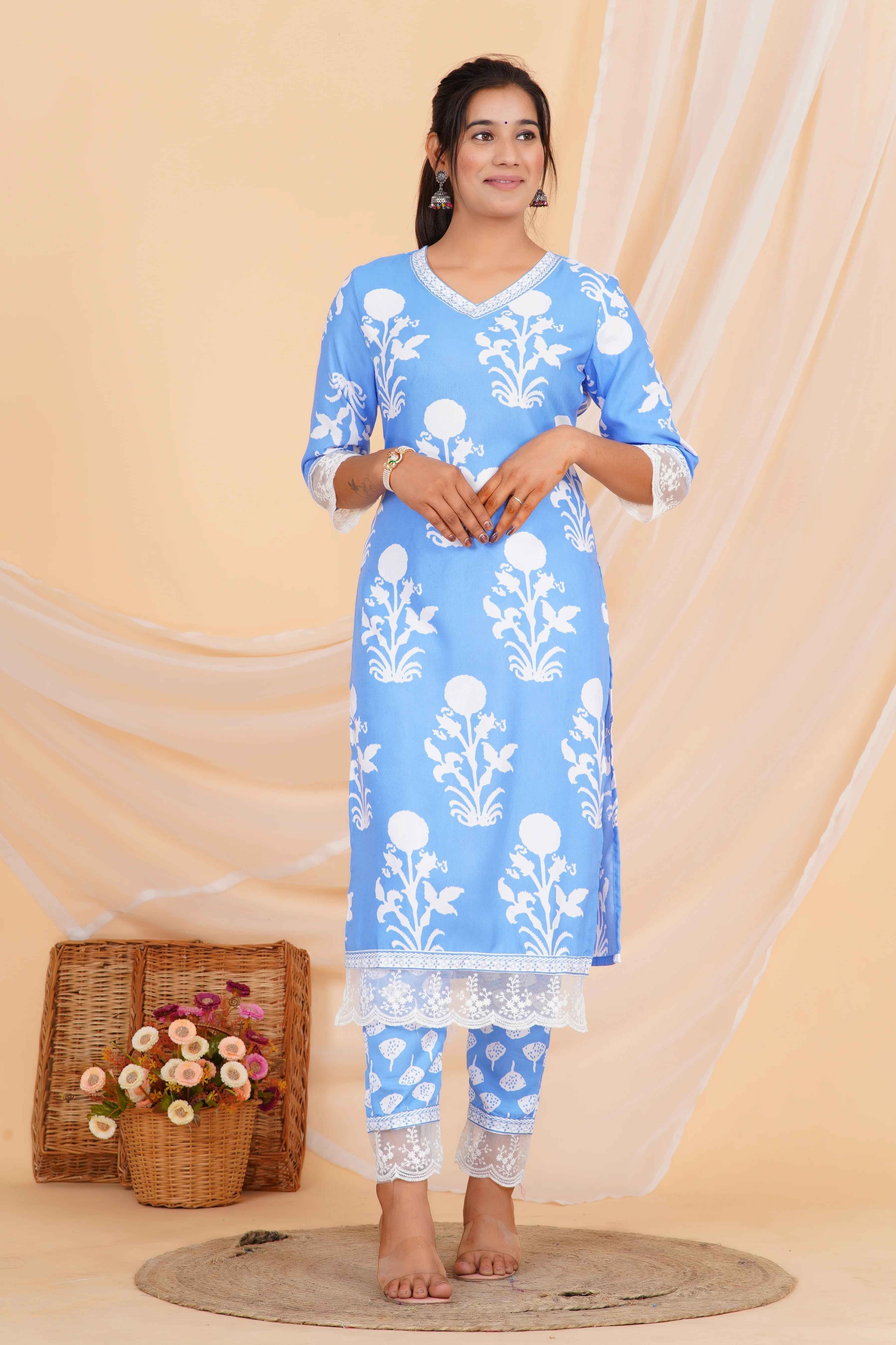 Sky Bloom Viscose Rayon Suit Set