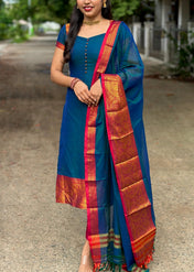 Teal Blue Silk Anarkali Dress with Pink Kanjivaram Dupatta