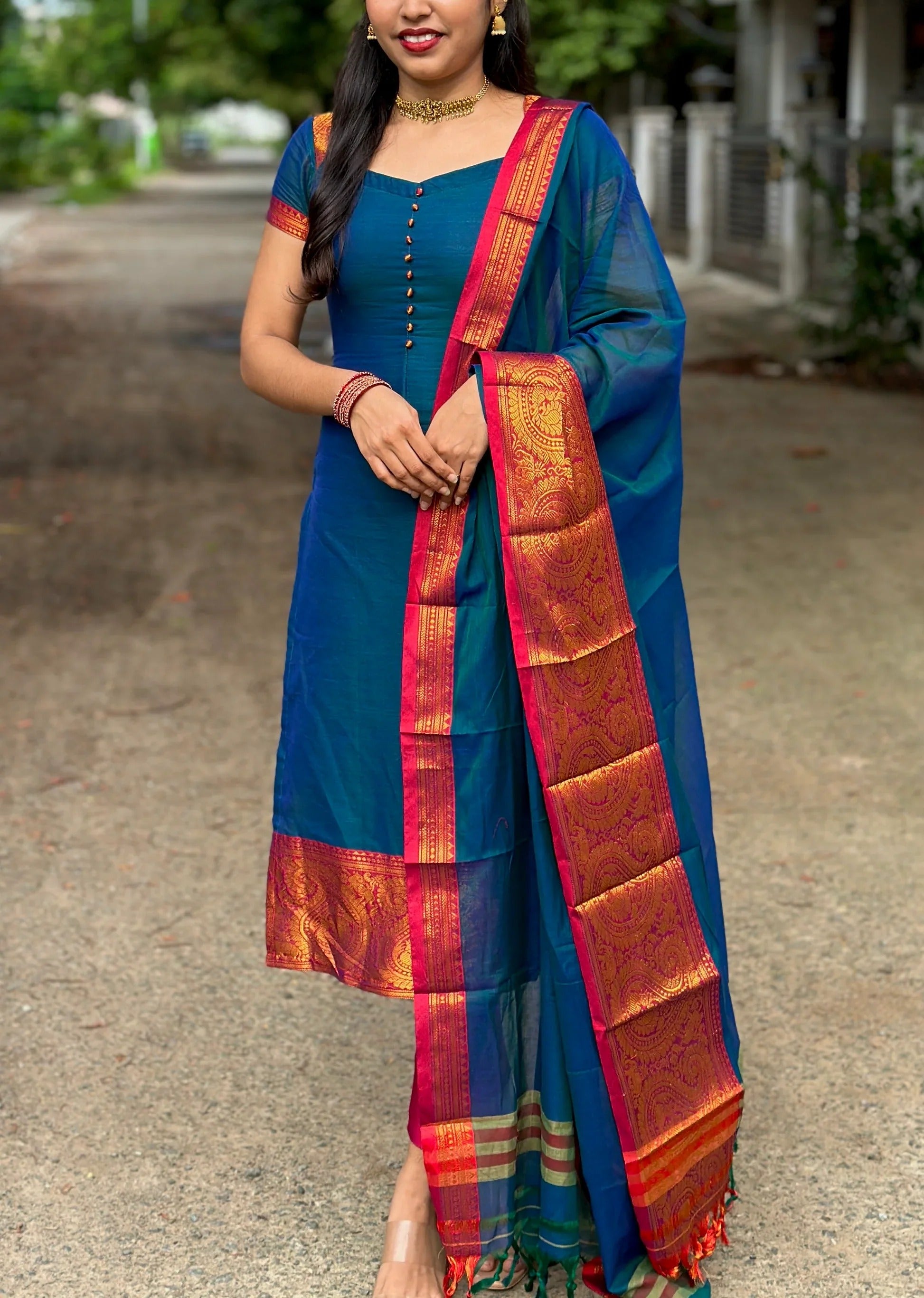 Teal Blue Silk Anarkali Dress with Pink Kanjivaram Dupatta