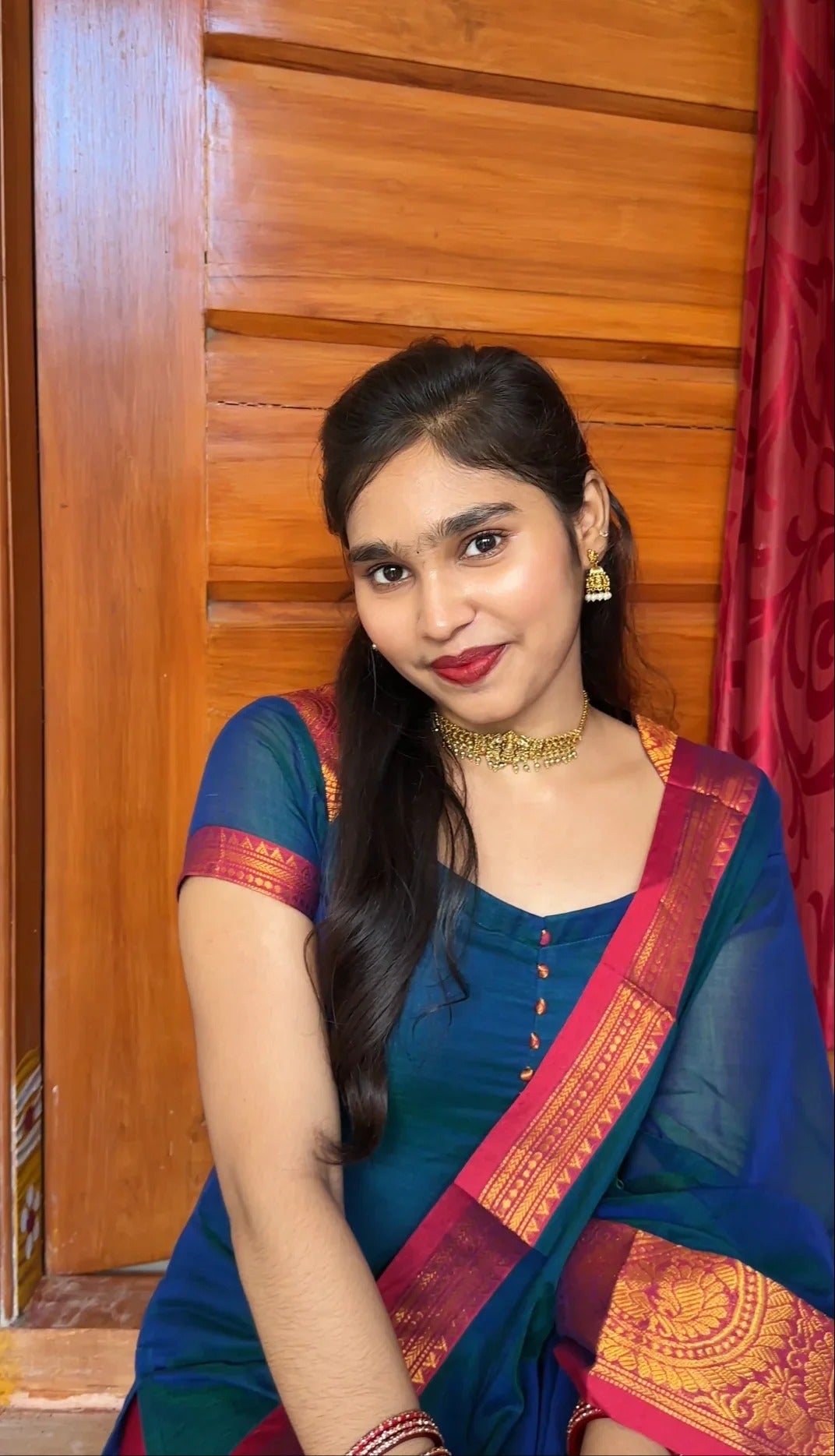 Teal Blue Silk Anarkali Dress with Pink Kanjivaram Dupatta