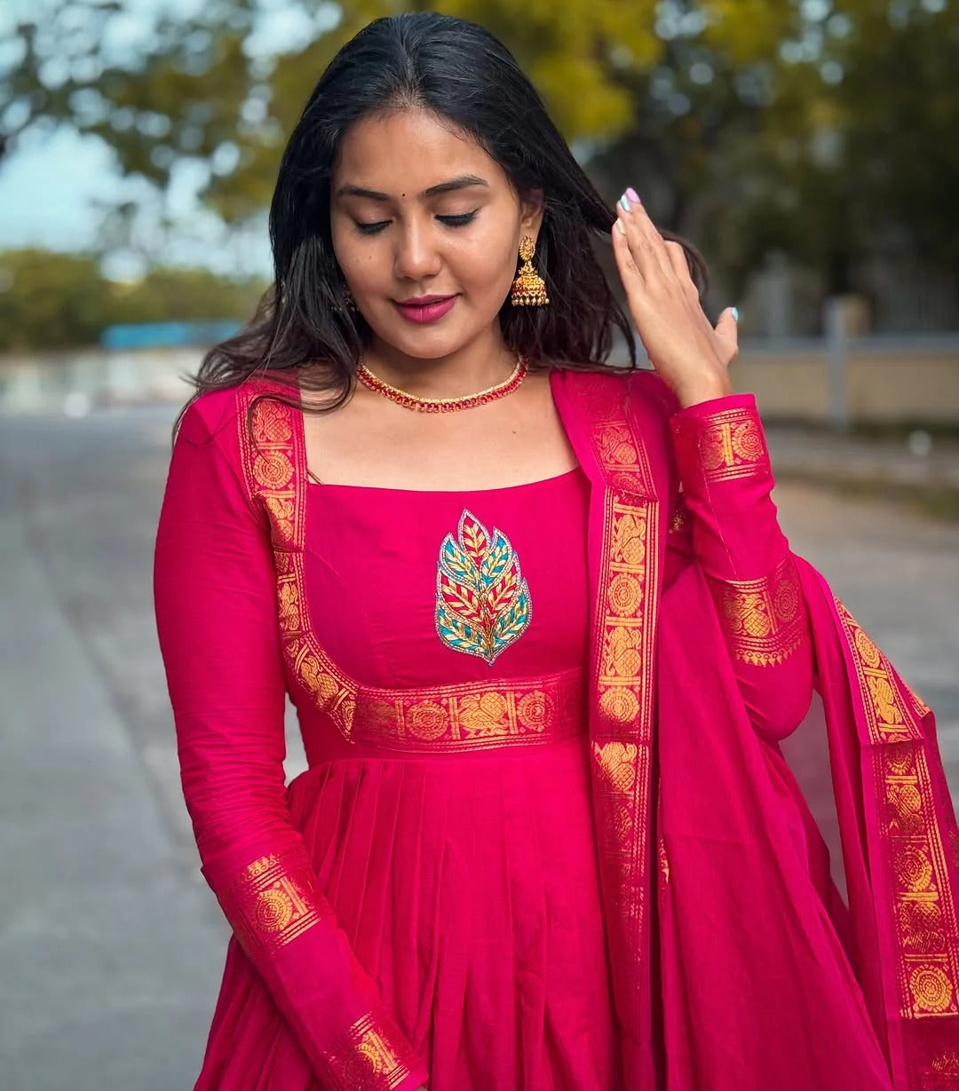 Rani Pink Silk Anarkali Dress with Gold Zari Border & Embroidered Patch