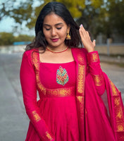 Rani Pink Silk Anarkali Dress with Gold Zari Border & Embroidered Patch