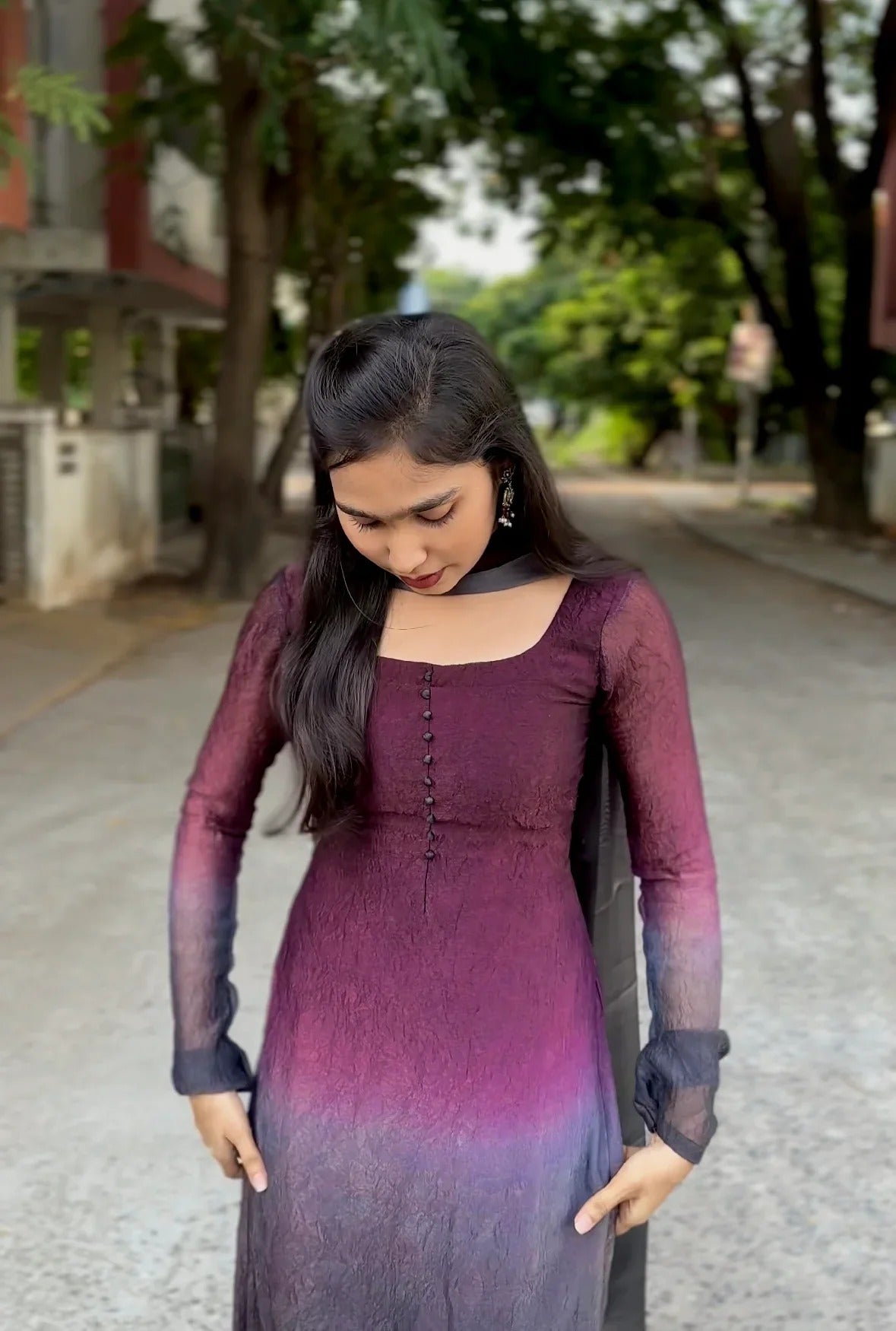 Wine & Black Ombre Long Kurti with Dupatta