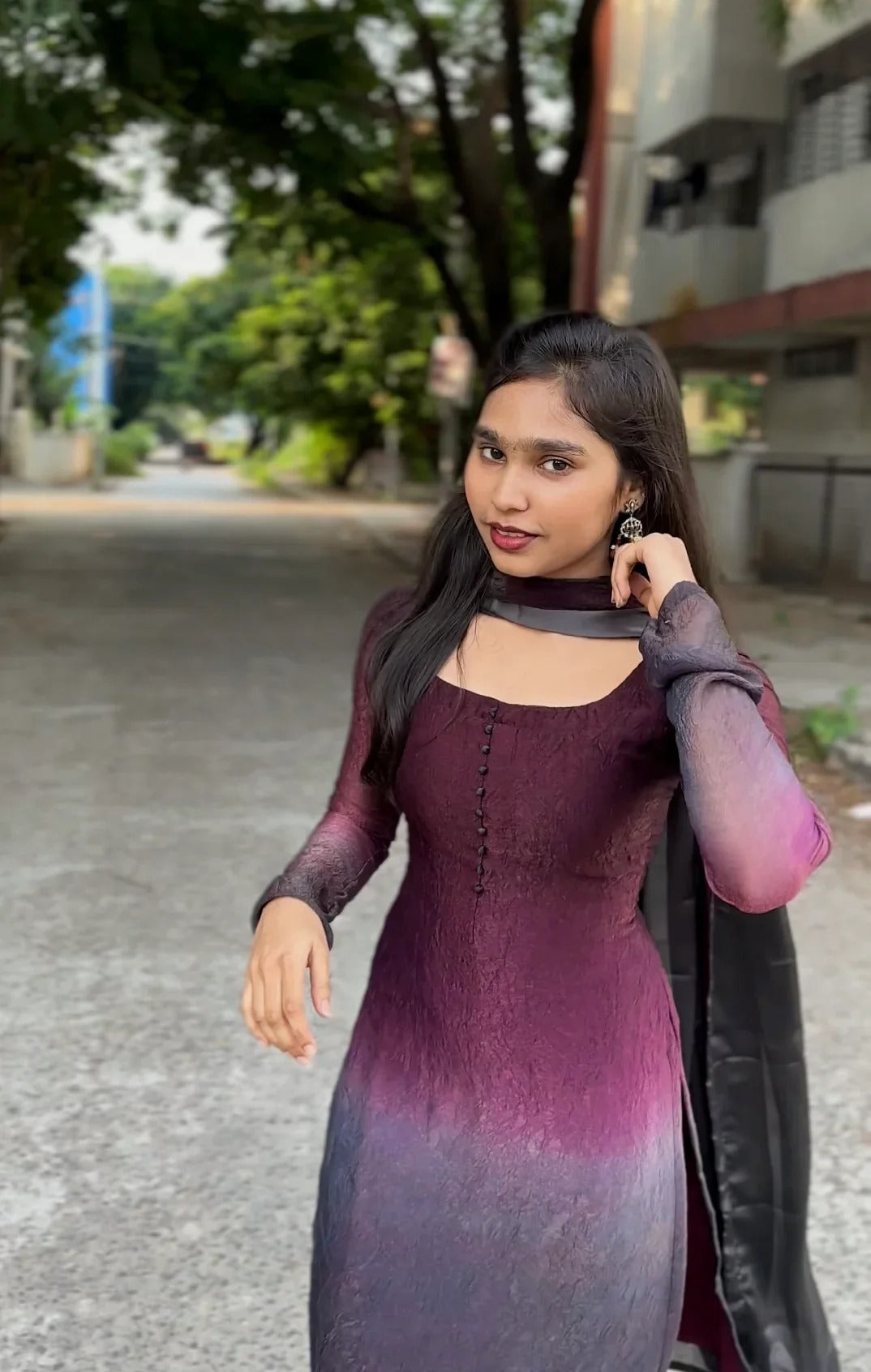 Wine & Black Ombre Long Kurti with Dupatta