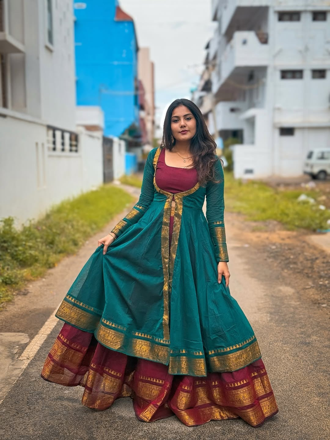 Teal Green Layered Silk Anarkali with Maroon Zari Border